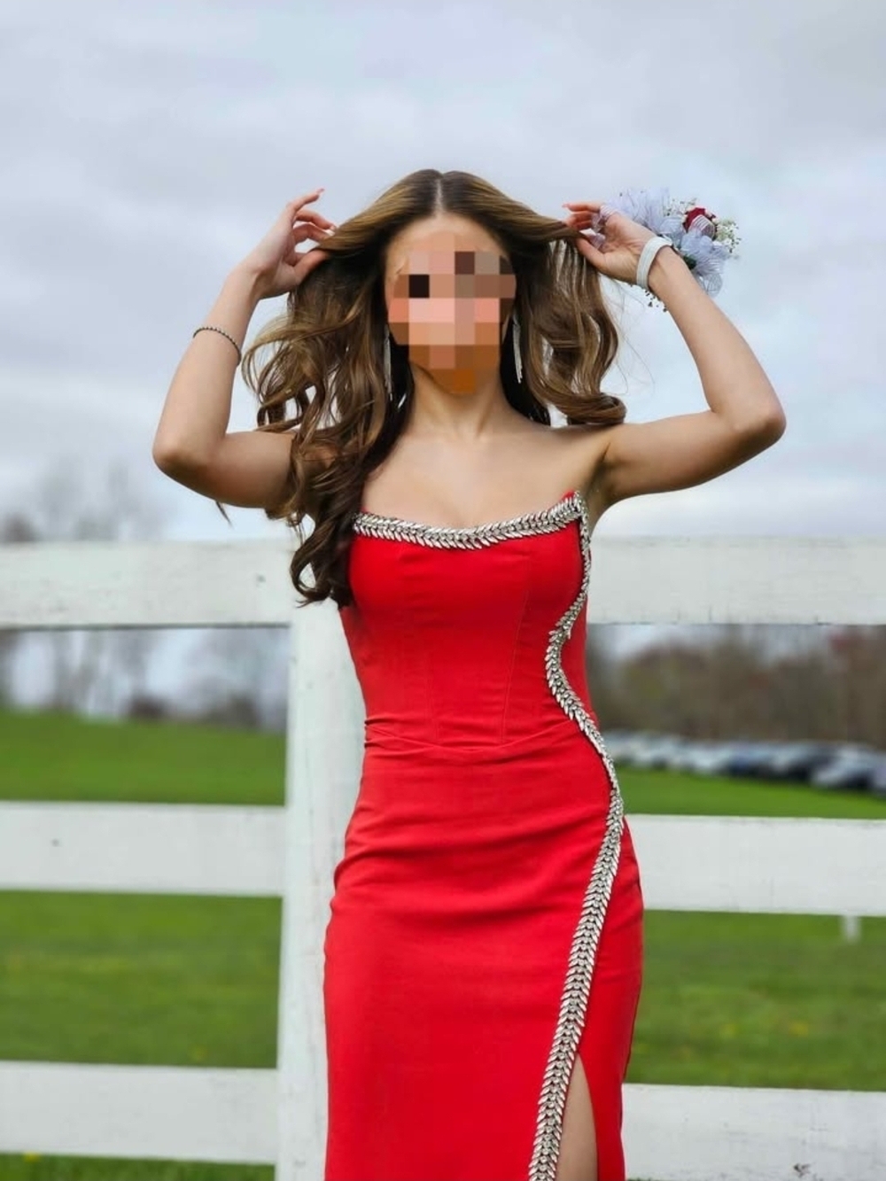 Xoana Red Crystal Strapless Gown with Silver Embellished Trim